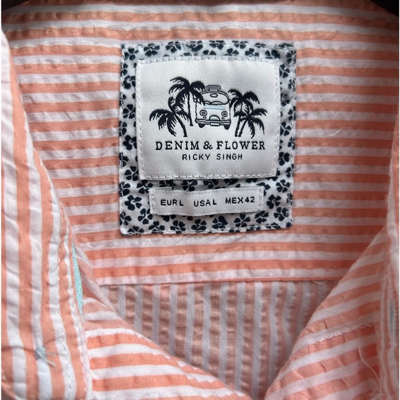 Denim & Flower Ricky Singh Seersucker Peach & White Striped Button Up Shirt L A7 - Picture 4 of 5